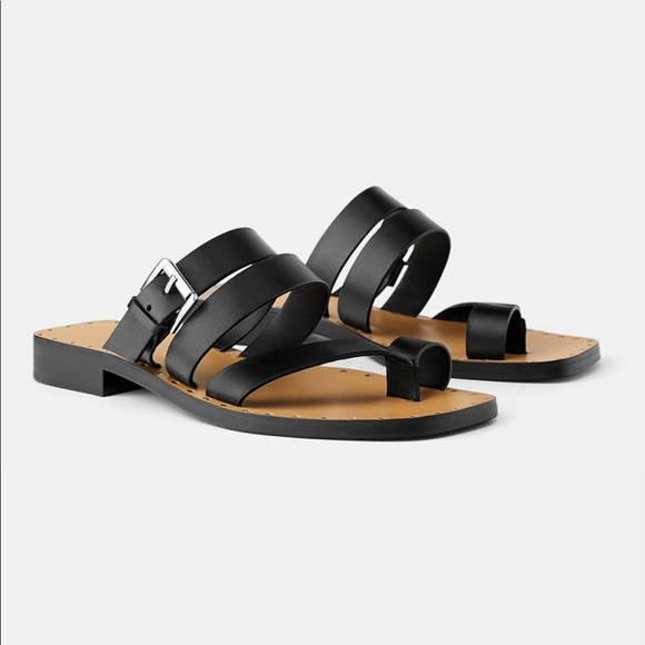 Zara Shoes - NWT’s Zara Leather Black Buckle Sandals 7.5 Flat 38